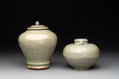 Two Chinese Longquan celadon jars with floral design, Ming