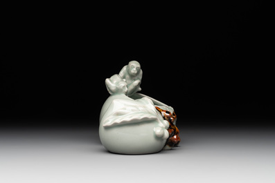 A Chinese celadon-glazed brush washer and a peanut nesting box, 20th C.