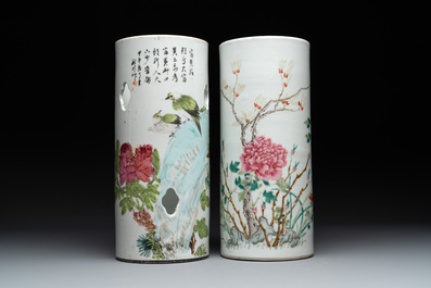 Four Chinese famille rose 'birds and flowers' hat stands, signed Jiang Xiangzong 江湘宗 and Xing Ming 邢明, Tongzhi mark, 19th C.