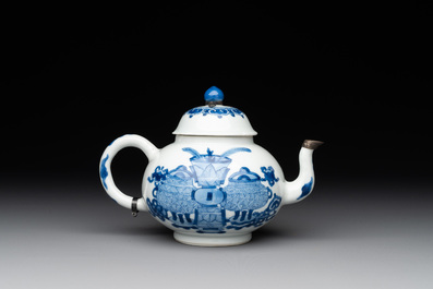 A Chinese blue and white 'antiquities' teapot, Jiajing mark, Kangxi