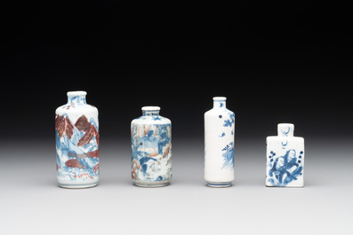 Four Chinese blue, white and copper-red snuff bottles with figural design, Yongzheng mark, 19th C.
