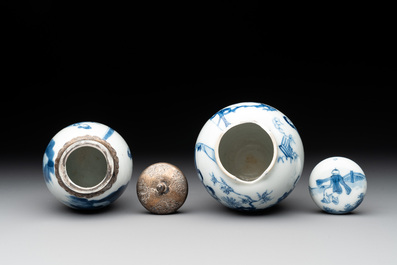 Two Chinese blue and white tea caddies with figural design, one silver mounted, Kangxi