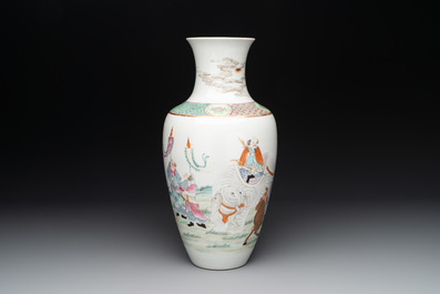 A Chinese famille rose vase with figural design, Qianlong mark, 19th C