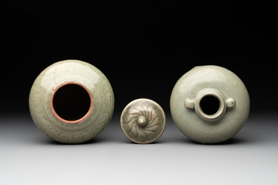 Two Chinese Longquan celadon jars with floral design, Ming