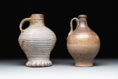 Eight stoneware jugs and mugs, and a glazed pottery vessel, Germany and The Netherlands, 16/17th C.