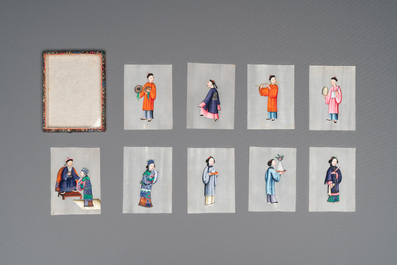 A set of nine Chinese Canton pith paper paintings in original box, Yong Tai Xuan 永泰軒造 mark, 19th C.