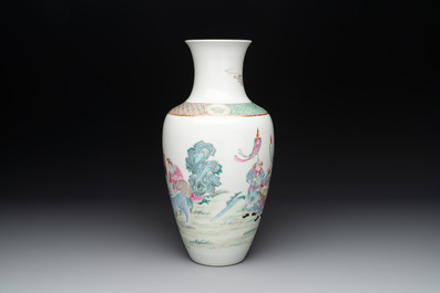 A Chinese famille rose vase with figural design, Qianlong mark, 19th C