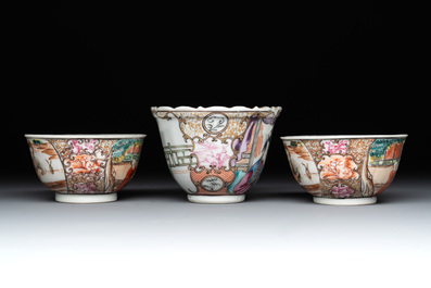 Three fine Chinese Canton famille rose 'mandarin subject' cups and saucers, Qianlong