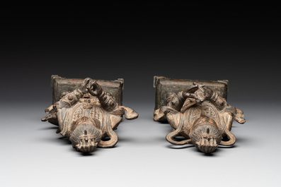 A pair of fine Chinese gilt bronze heavenly kings on stand, Ming