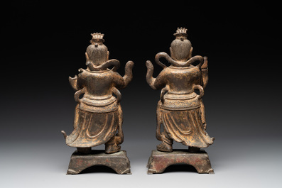 A pair of fine Chinese gilt bronze heavenly kings on stand, Ming