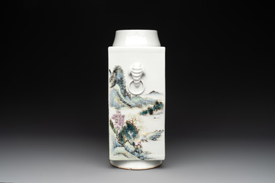A Chinese qianjiang cai 'landscape' 'cong' vase, Pu Zhu Xuan 圃竹軒 seal mark, 20th C.