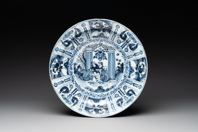 Three blue and white Dutch Delft chinoiserie dishes, late 17th C.