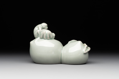A Chinese celadon-glazed brush washer and a peanut nesting box, 20th C.