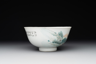 A fine Chinese qianjiang cai 'mountainous river landscape' bowl, signed Cheng Men 程門, Guangxu mark, dated 1887
