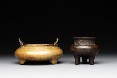Two Chinese bronze tripod censers, Ming/Qing