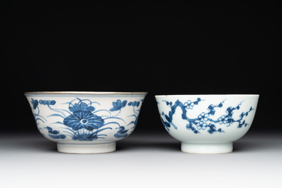 Two Chinese bleu de hue bowls and a plate for the Vietnamese market, Ruo Shen Zhen Cang 若深珍藏 and Chun He 春和 marks, 19th C.