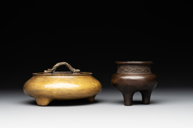 Two Chinese bronze tripod censers, Ming/Qing