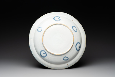 Three blue and white Dutch Delft chinoiserie dishes, late 17th C.