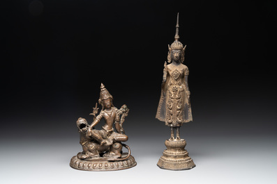 A bronze Simhanada Lokeshvara seated on a Buddhist lion and a Buddha, Southeast Asia, 19th C.