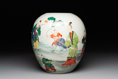 A Chinese famille rose 'ladies and boys' jar with wooden cover and stand, Yongzheng/Qianlong
