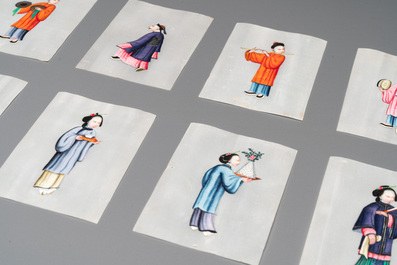 A set of nine Chinese Canton pith paper paintings in original box, Yong Tai Xuan 永泰軒造 mark, 19th C.