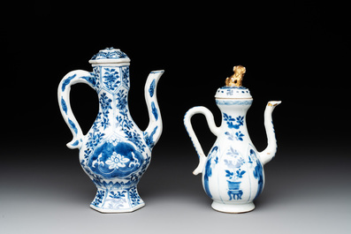 Two Chinese blue and white ewers and three vases, one silver mounted, Kangxi