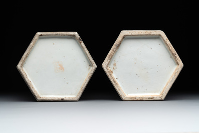 Four Chinese famille rose 'birds and flowers' hat stands, signed Jiang Xiangzong 江湘宗 and Xing Ming 邢明, Tongzhi mark, 19th C.