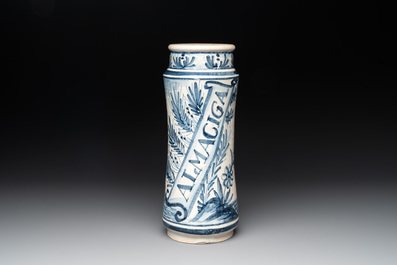 A large Catalonian blue and white albarello with a merchant vessel, Spain, 18th C.