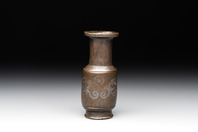 A small Chinese gold- and silver-inlaid bronze 'chilong' vase, late Ming