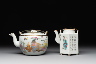 Two Chinese famille rose teapots and a covered cup, including Wu Shuang Pu, signed Tao Yu Xuan陶玉軒, Wan Yu mark, dated 1912 and 19/20th C.