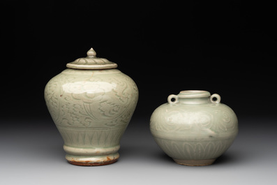 Two Chinese Longquan celadon jars with floral design, Ming