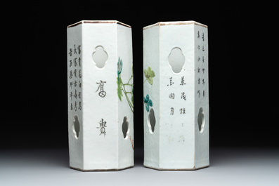 Four Chinese famille rose 'birds and flowers' hat stands, signed Jiang Xiangzong 江湘宗 and Xing Ming 邢明, Tongzhi mark, 19th C.