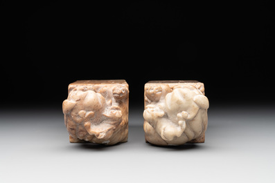 Two Chinese snuff bottles, four soapstone seals and a lacquer covered box, 20th C.