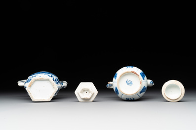 Two Chinese blue and white ewers and three vases, one silver mounted, Kangxi