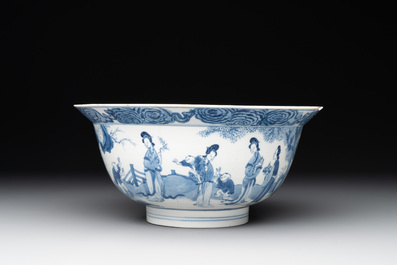 A Chinese blue and white 'San Niang Jiao Zi 三娘教子' 'klapmuts' bowl, Chenghua mark, Kangxi