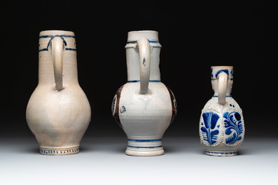 Three Westerwald stoneware jugs, 18th C.