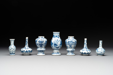 Seven Chinese miniature blue and white vases, Kangxi and later