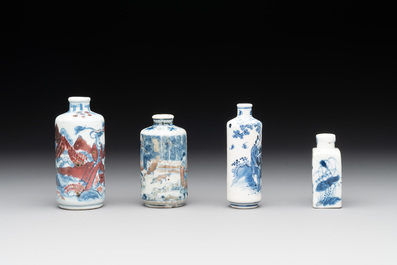 Four Chinese blue, white and copper-red snuff bottles with figural design, Yongzheng mark, 19th C.