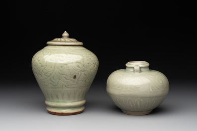 Two Chinese Longquan celadon jars with floral design, Ming