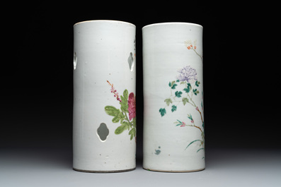 Four Chinese famille rose 'birds and flowers' hat stands, signed Jiang Xiangzong 江湘宗 and Xing Ming 邢明, Tongzhi mark, 19th C.