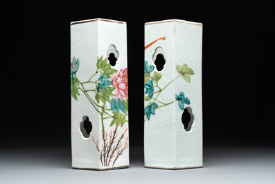 Four Chinese famille rose 'birds and flowers' hat stands, signed Jiang Xiangzong 江湘宗 and Xing Ming 邢明, Tongzhi mark, 19th C.