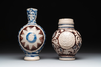 Two Westerwald stoneware jugs, one dated 1715, 18th C.