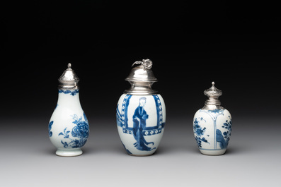 Five Chinese blue and white silver-mounted vases, Kangxi