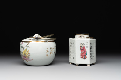 Two Chinese famille rose teapots and a covered cup, including Wu Shuang Pu, signed Tao Yu Xuan陶玉軒, Wan Yu mark, dated 1912 and 19/20th C.