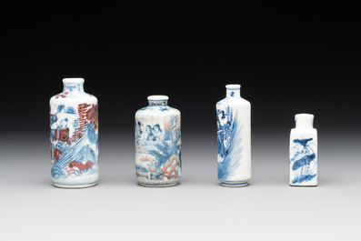 Four Chinese blue, white and copper-red snuff bottles with figural design, Yongzheng mark, 19th C.