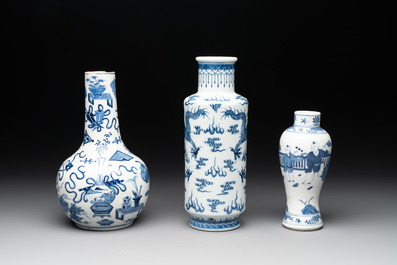 Three Chinese blue and white vases with antiquities, dragons and figures, 19th C.