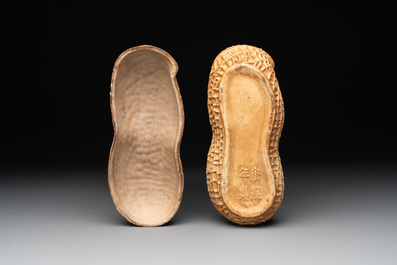 A Chinese celadon-glazed brush washer and a peanut nesting box, 20th C.