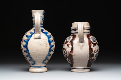 Two Westerwald stoneware jugs, one dated 1715, 18th C.