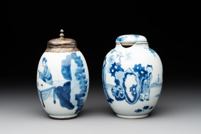 Two Chinese blue and white tea caddies with figural design, one silver mounted, Kangxi