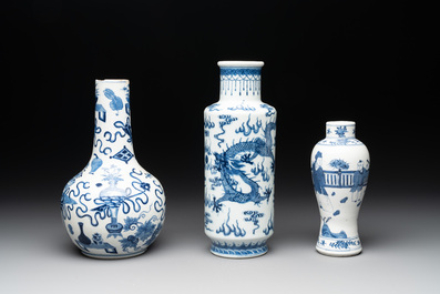 Three Chinese blue and white vases with antiquities, dragons and figures, 19th C.